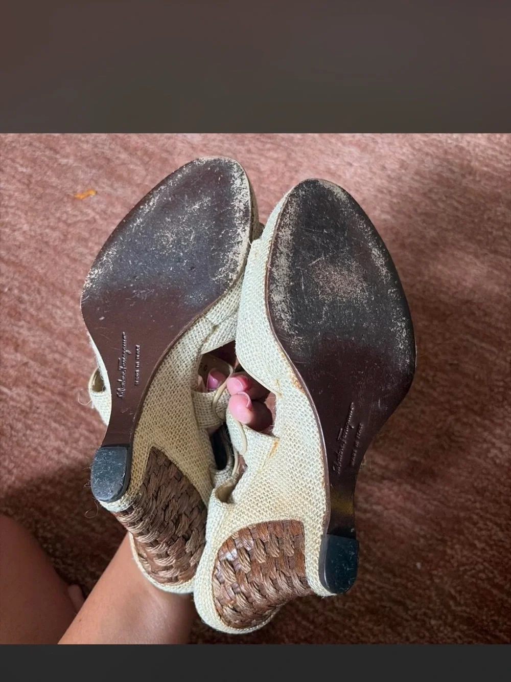 Vintage Ferragamo Woven Beige Women's Strappy Wedge Sandals